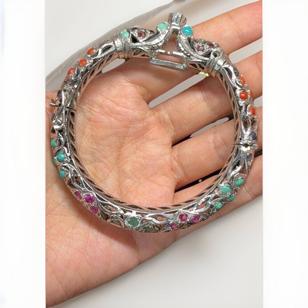 Vtg Elephant Indian Silver Metal Turquoise Emerald Ruby Sapphire Bangle Bracelet